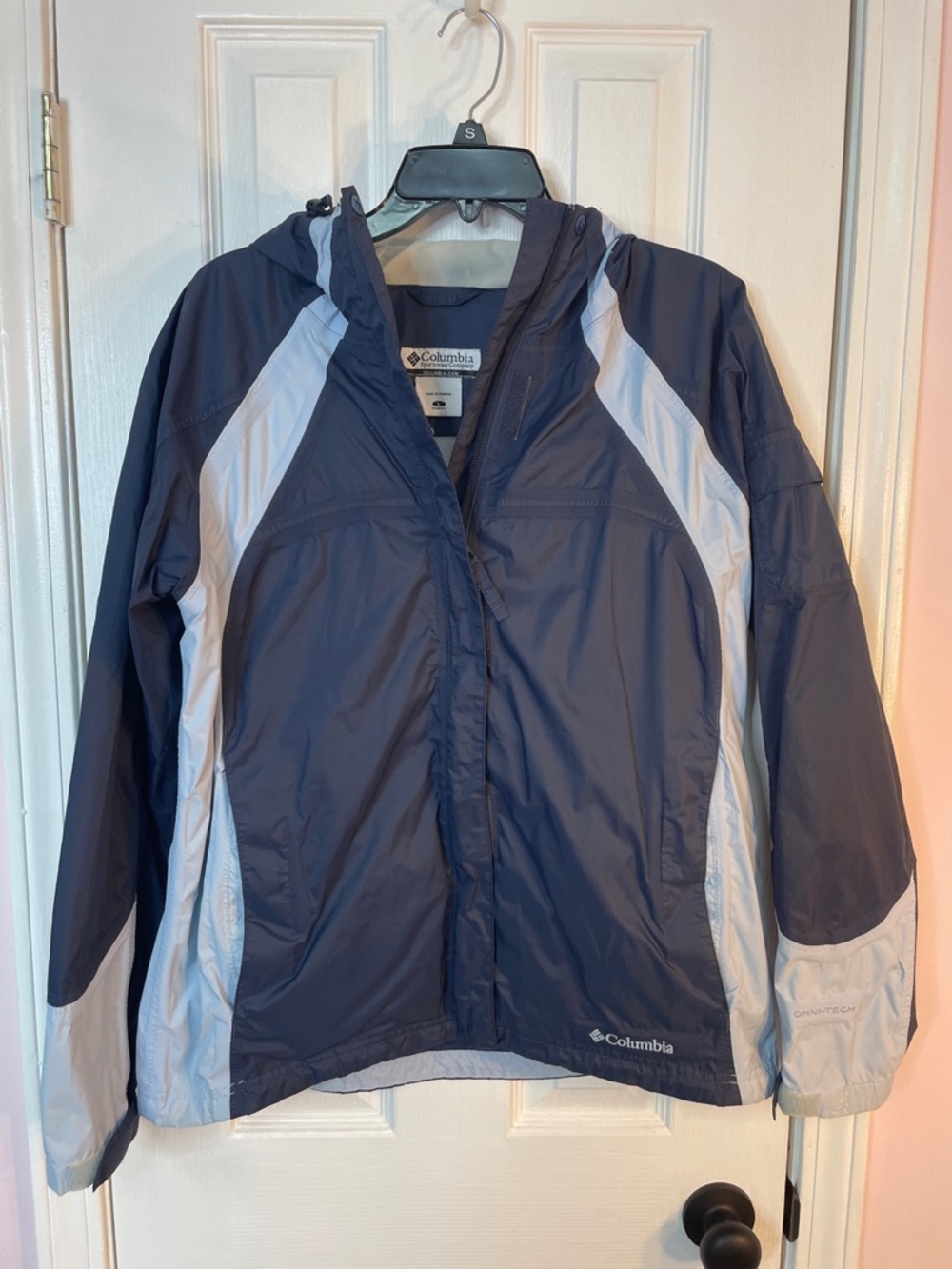 Columbia Navy and Light Gray Hooded Woman’s Windbreaker Jacket